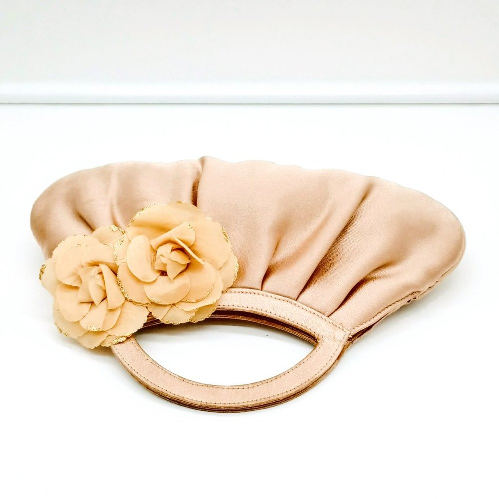 Stephanie Small Pleated Champagne Handbag Satchel with Sheer Silk Flowers